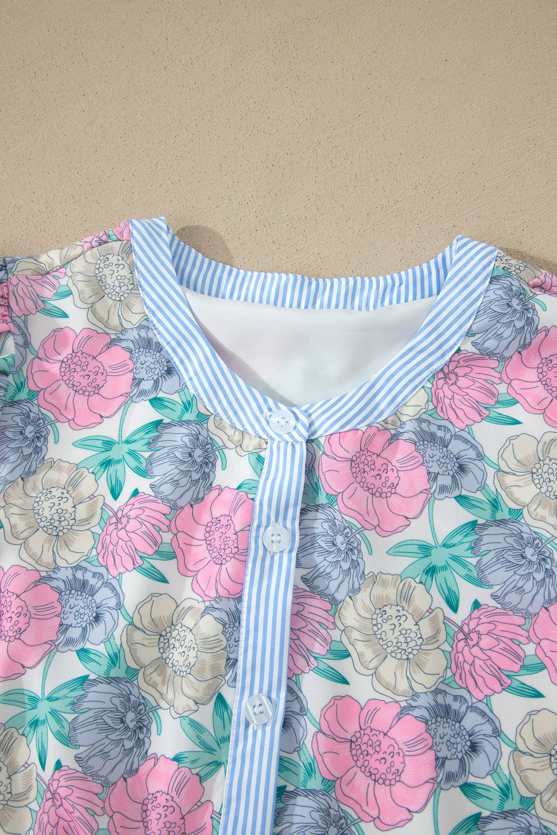 Floral Stripe Contrast Trim Belted Ruffle Mini Dress - Pink/Blue