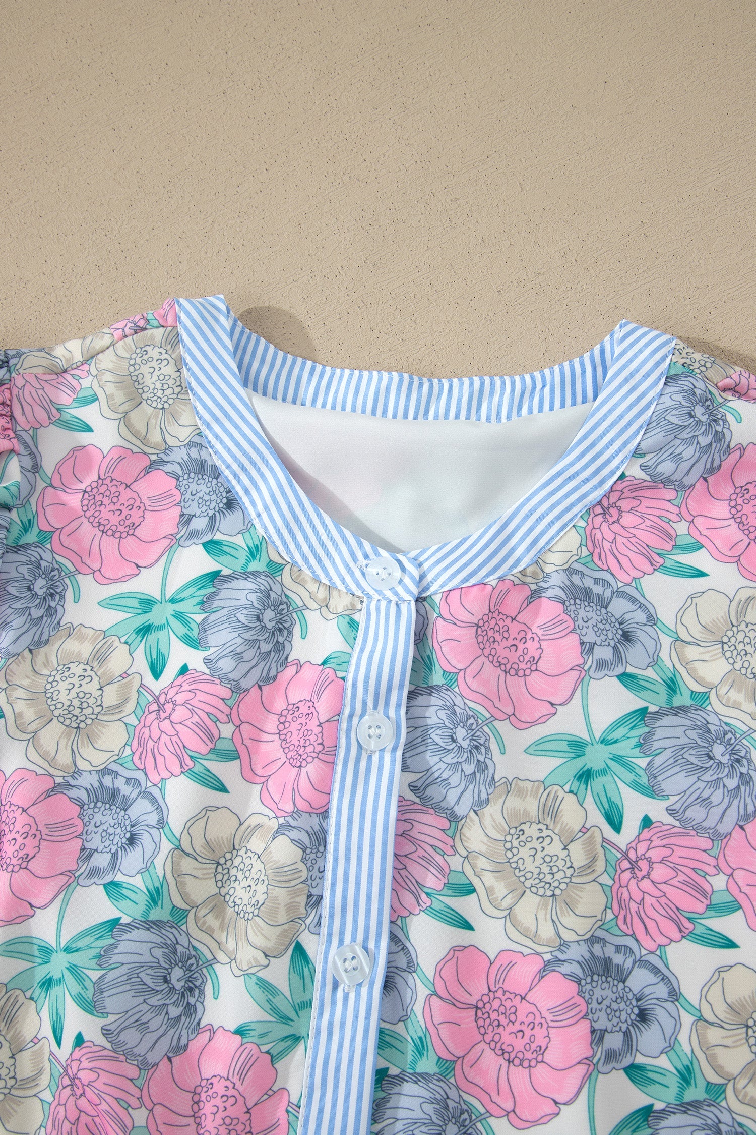Floral Stripe Contrast Trim Belted Ruffle Mini Dress - Pink/Blue