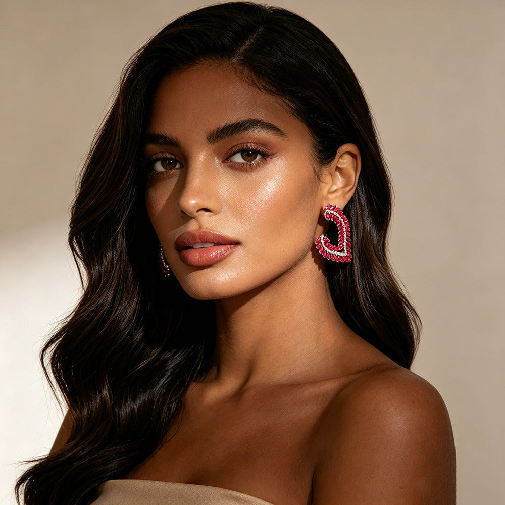 European American Light Luxury Marquise Rhinestone Earrings Exaggerated Banquet Gown Ear Jewelry High End Colored Crystal Alloy Stud Earrings For Women Wholesale