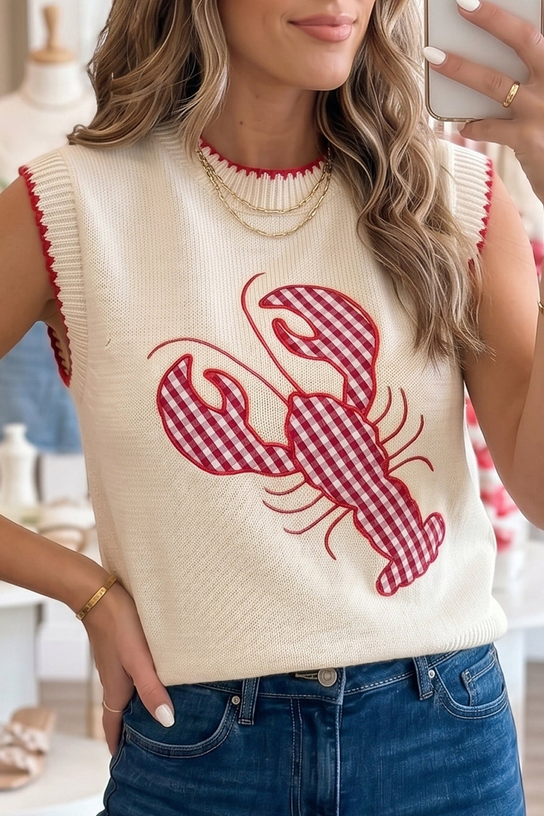 Emmeline Plaid Crawfish Knit Sweater Tank - Preppy Graphic