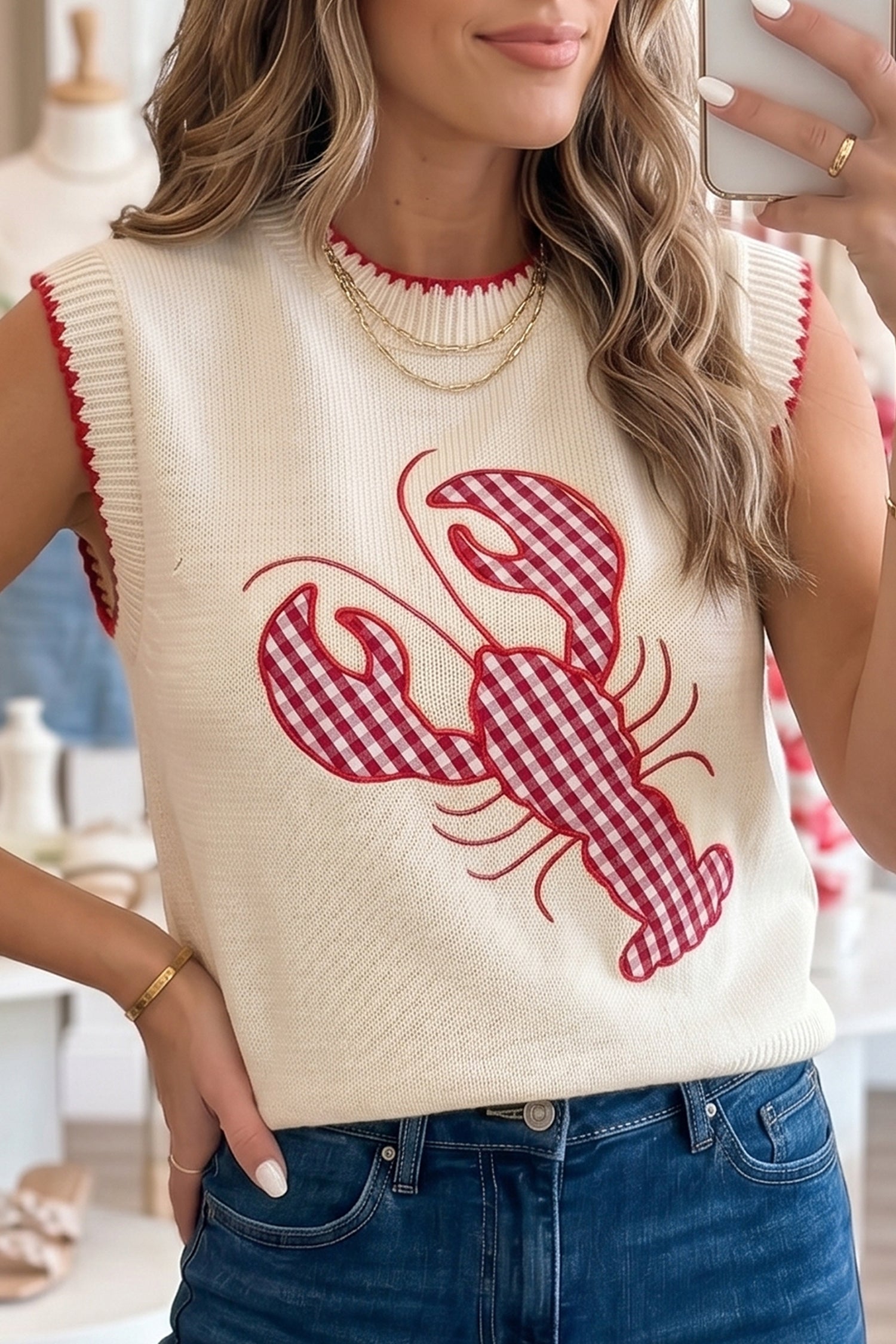Emmeline Plaid Crawfish Knit Sweater Tank - Preppy Graphic