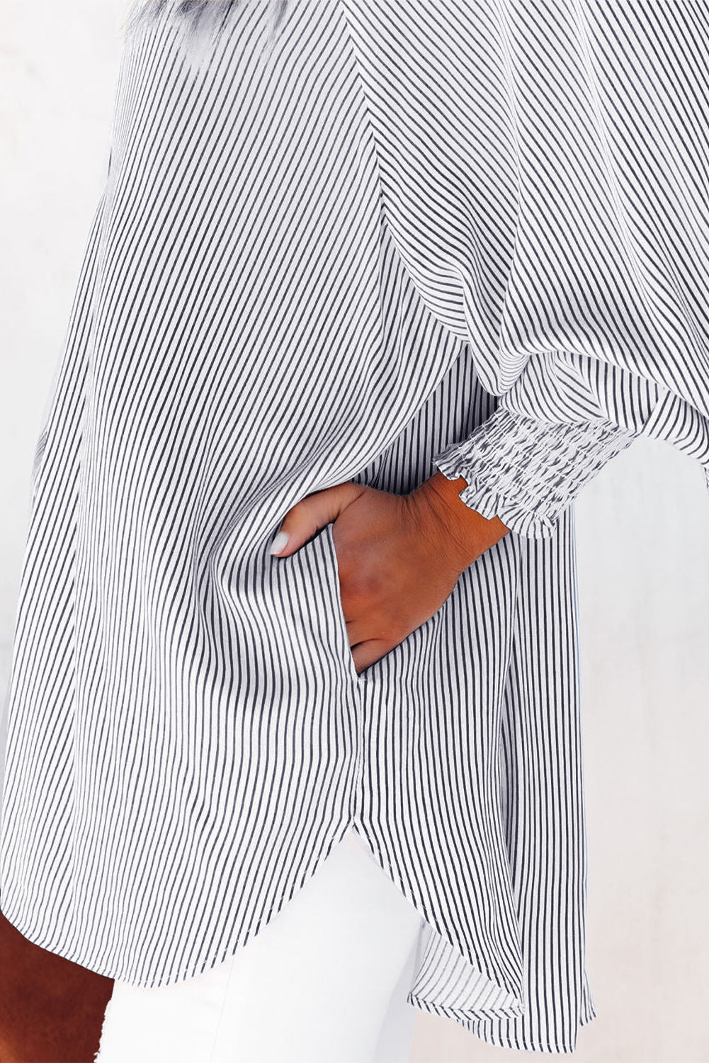 Blue Striped Casual Shirt with Shirred Cuffs | Polyester