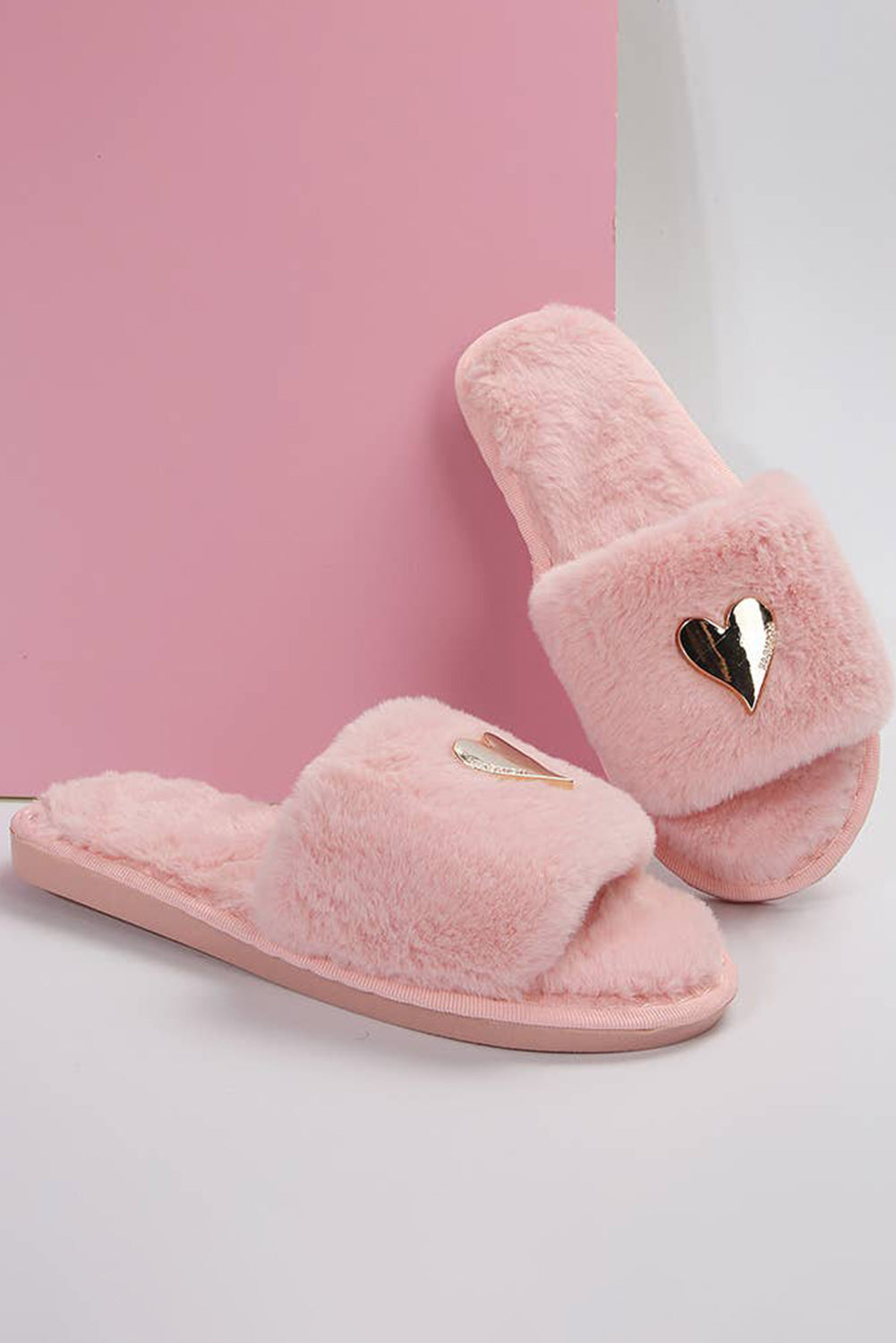 Parchment Heart Buckle Open Toe Plush Slippers