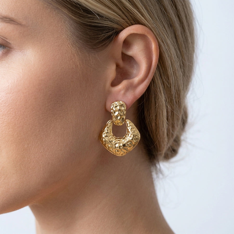 Gold Tone Hammered Textured Open U Shape Square Jewelry Set 2Pcs Women Pendant Necklace Drop Earrings Vintage Boho Concave Convex Statement Metal Jewelry Dropshipping Gift