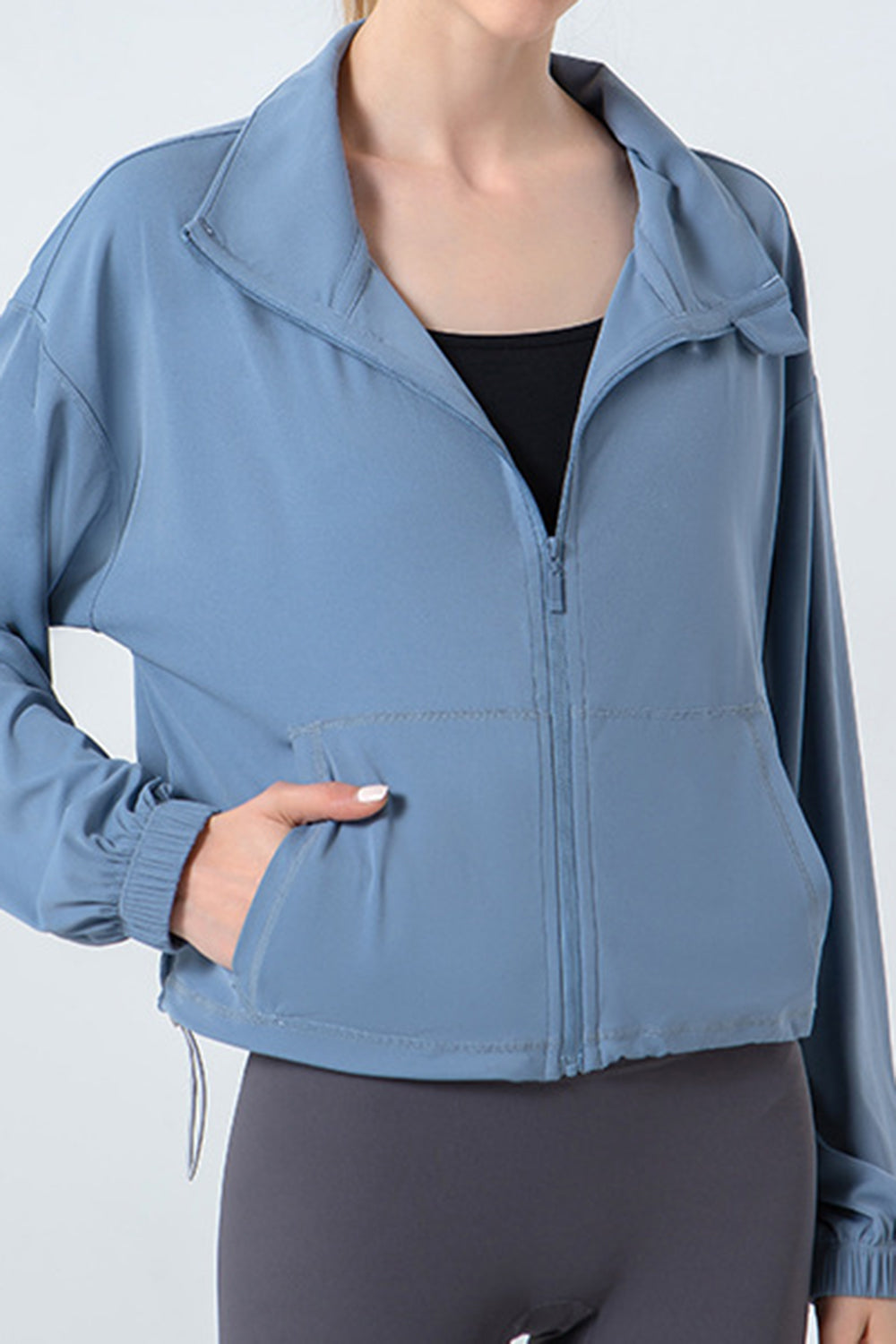 Drawstring Zip Up Dropped Shoulder Active Jacket
