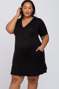 Black V-Neck Ruffle Maternity Dress with Pockets