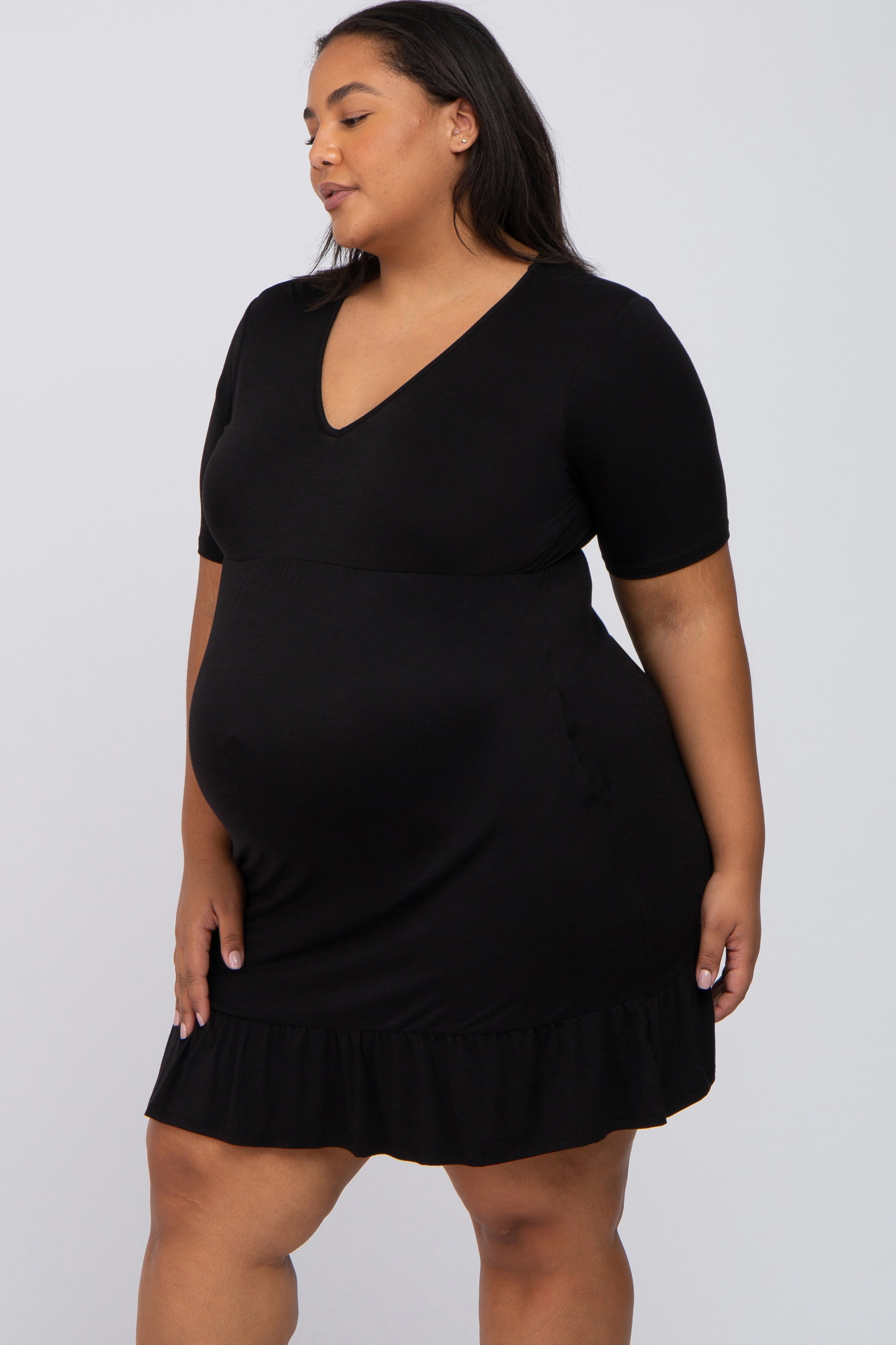 Black V-Neck Ruffle Maternity Dress with Pockets