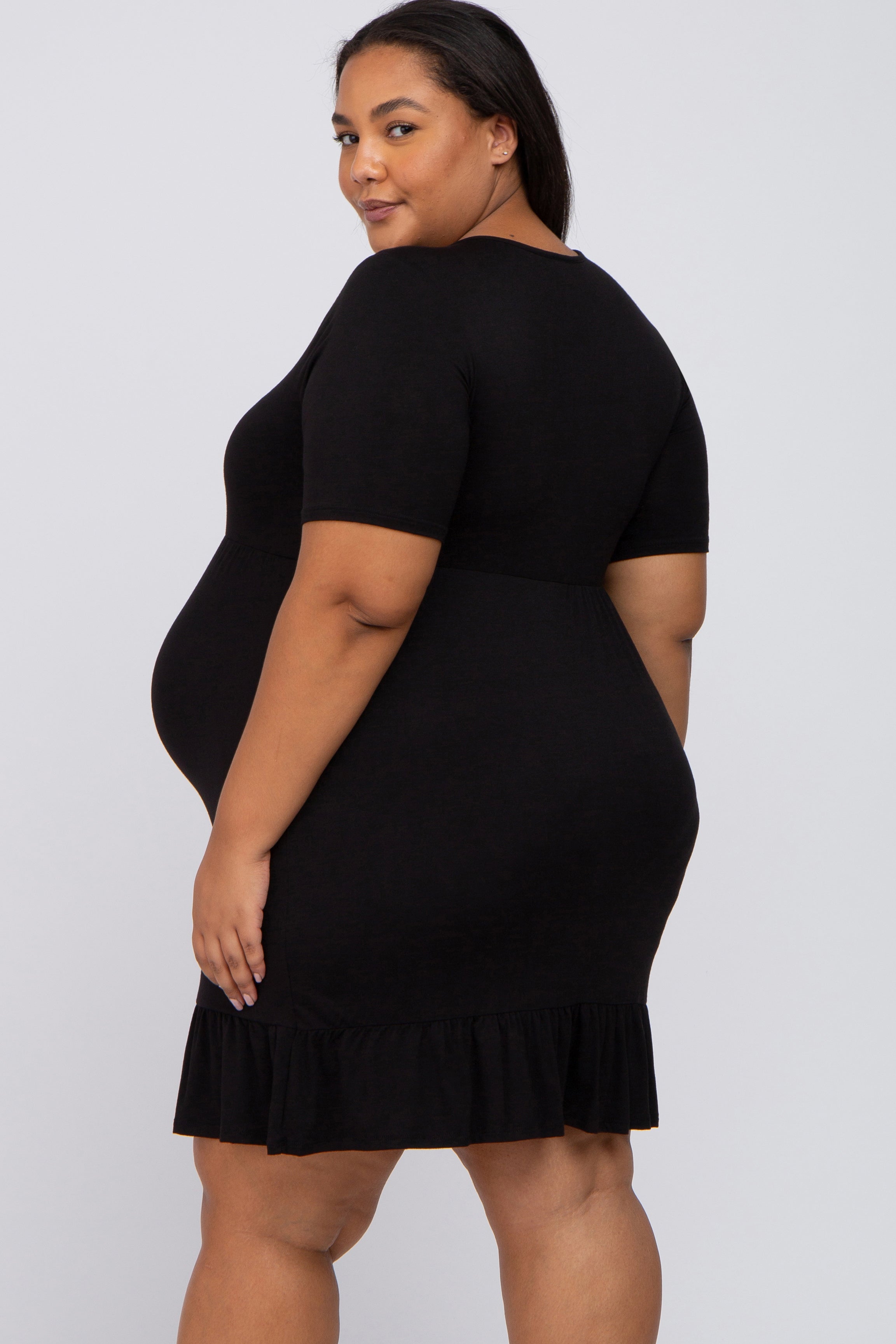 Black V-Neck Ruffle Maternity Dress with Pockets