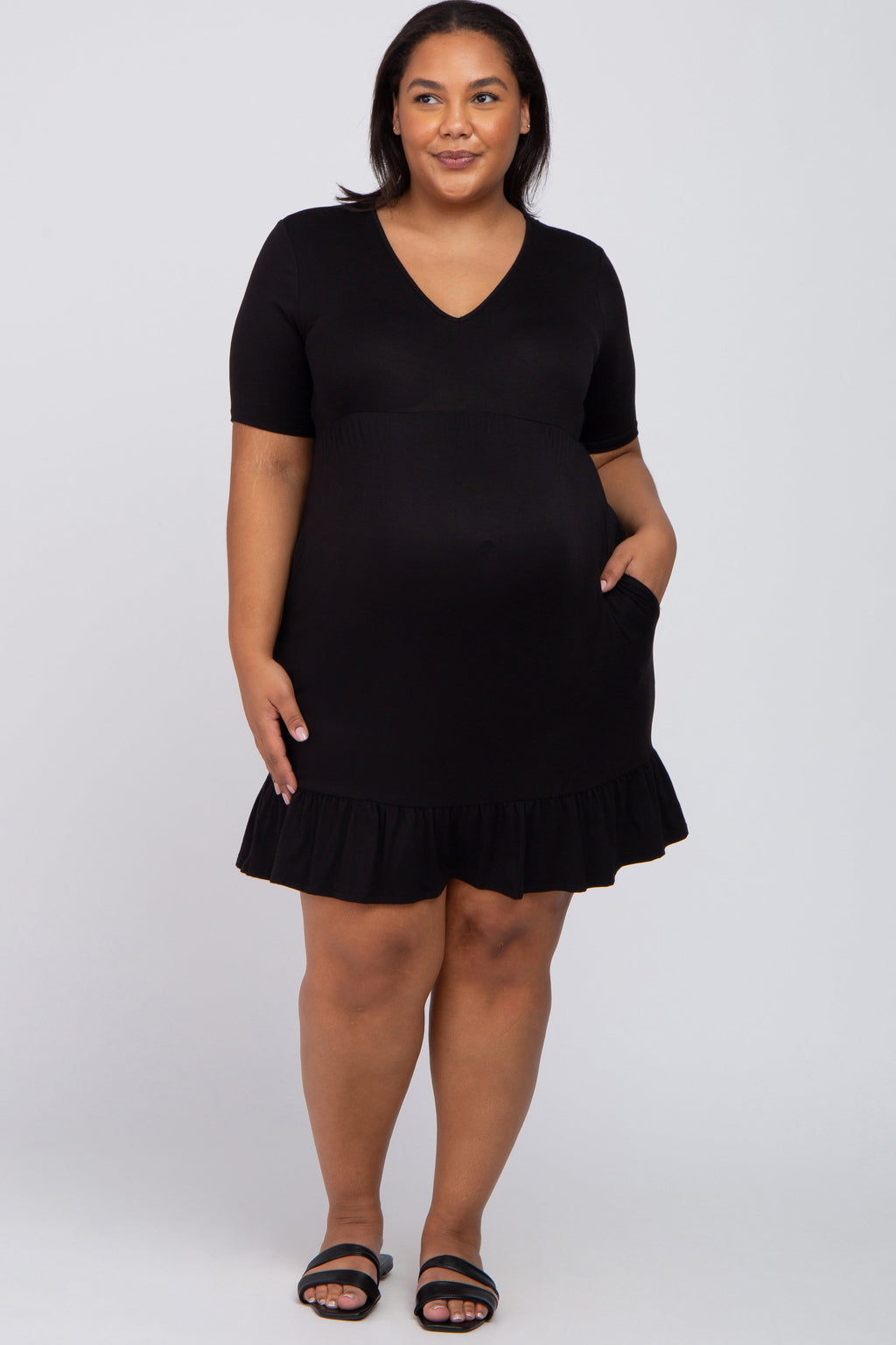 Black V-Neck Ruffle Maternity Dress with Pockets