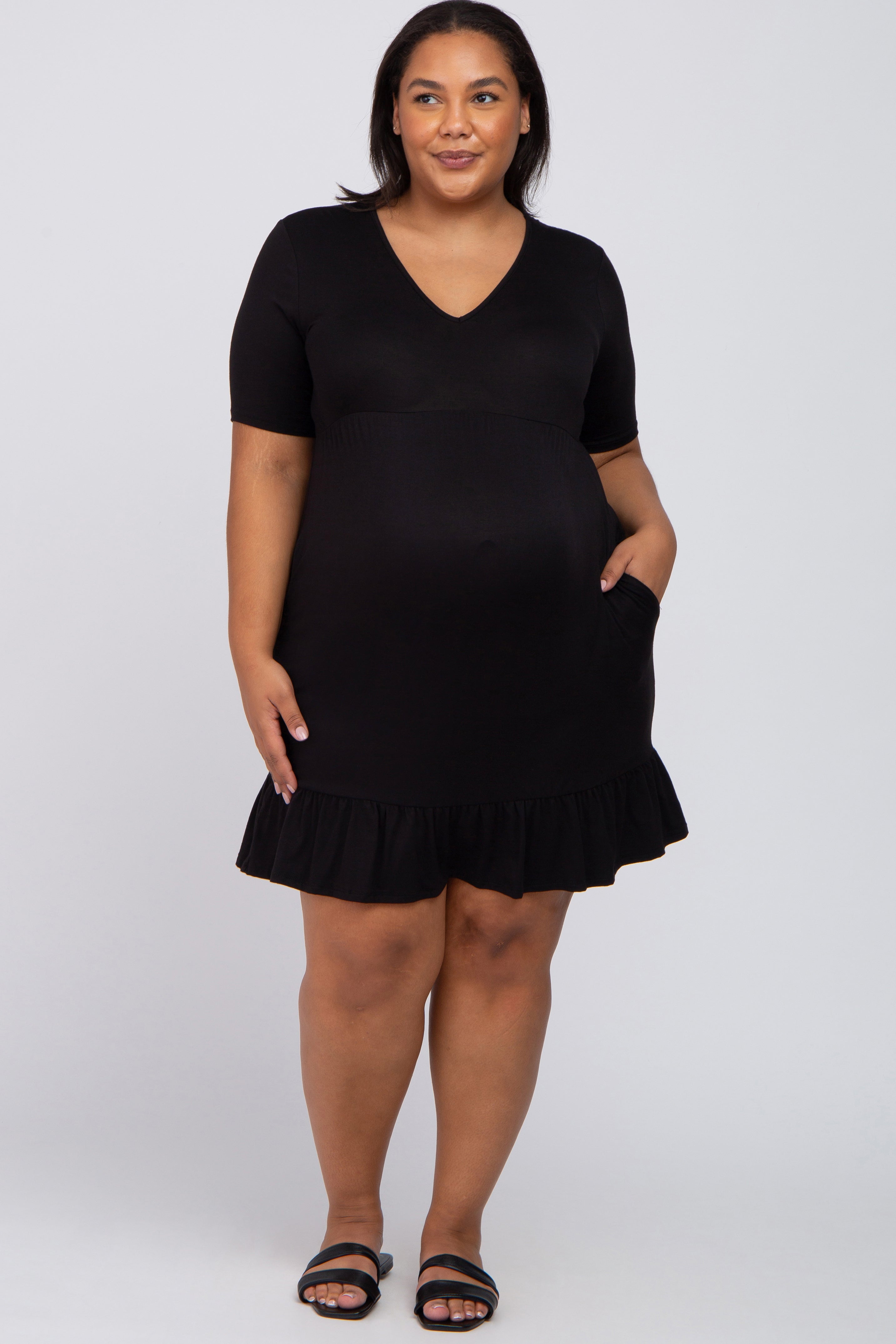 Black V-Neck Ruffle Maternity Dress with Pockets