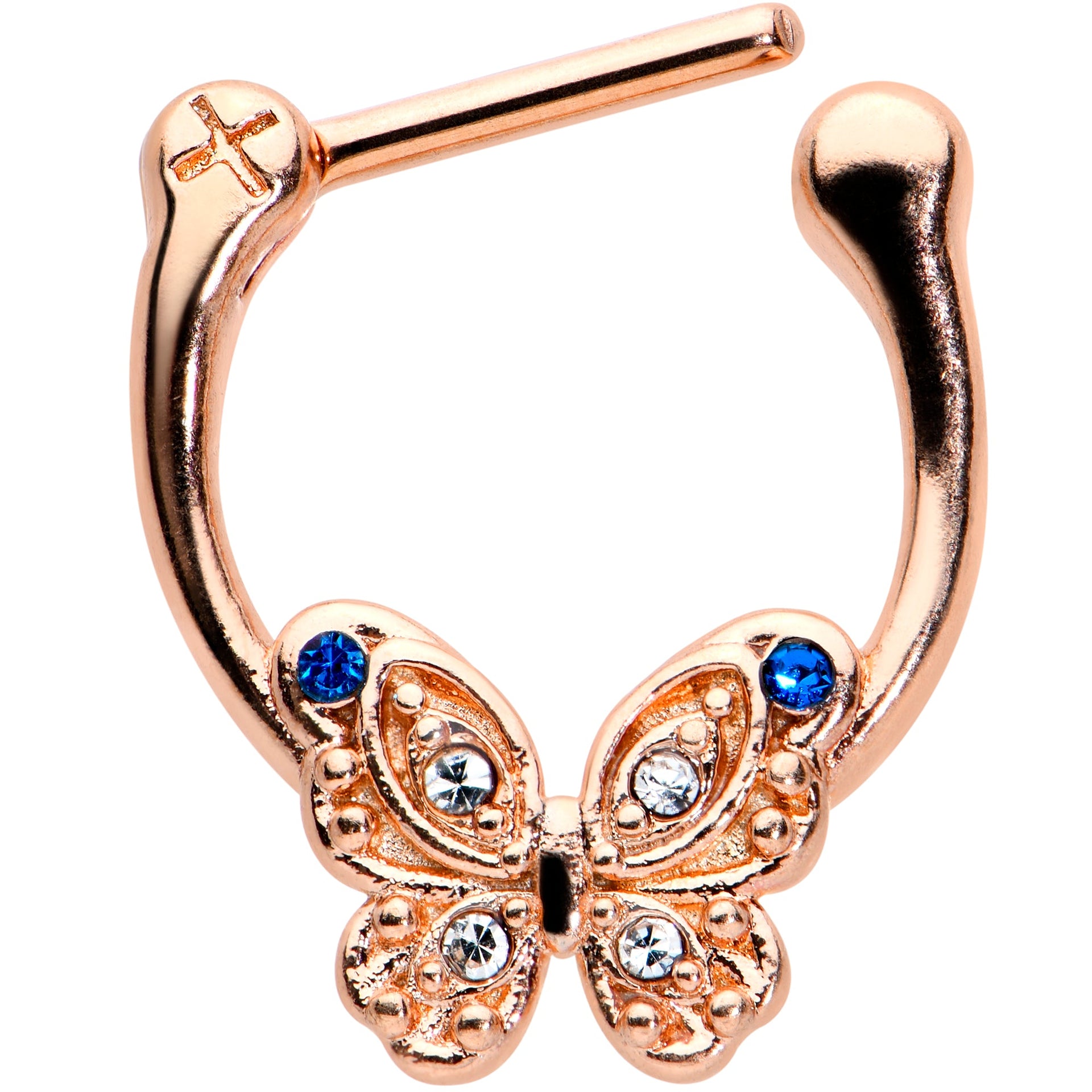 16G 5/16 Blue Gem Rose Gold Tone Butterfly Cartilage Clicker