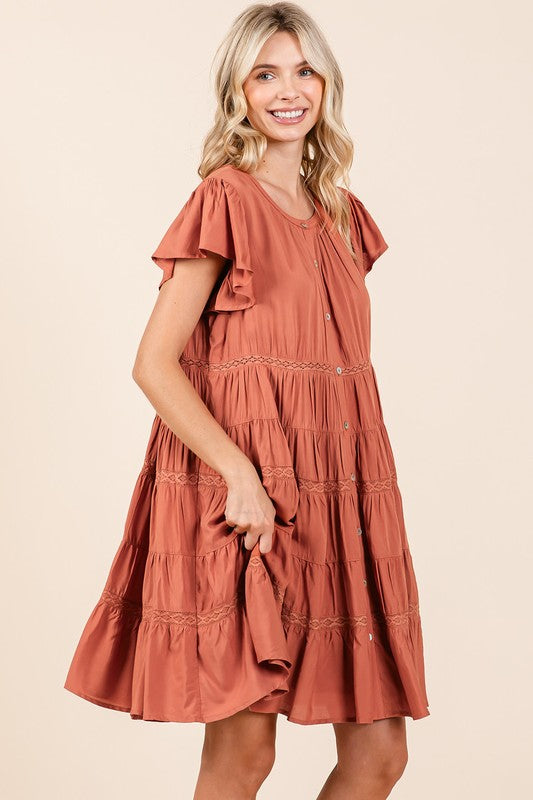 Lace Detail Ruffled Tiered Button Down Dress in Rust