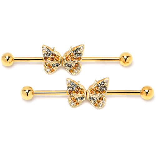 14G Orange Gem Gold Tone Butterfly Wings Industrial Barbell 38mm