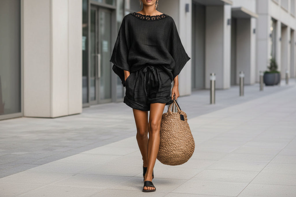 Model wearing a black two-piece set with a lace-trim T-shirt and drawstring shorts, styled with a straw bag.