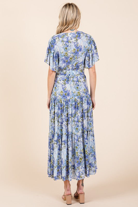 Floral Tie Waist Flutter Sleeve Tiered Dress in Blue and Green