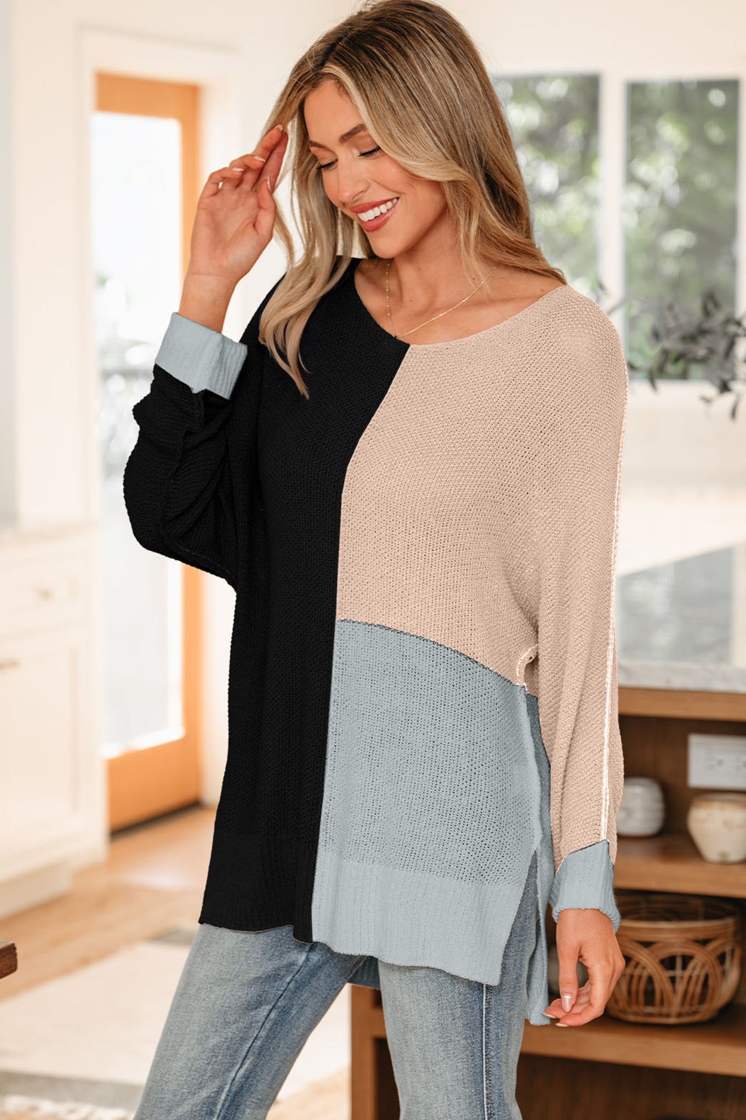 Zayla Color Block Knit Loose Sweater with V-Neck and Side Slits