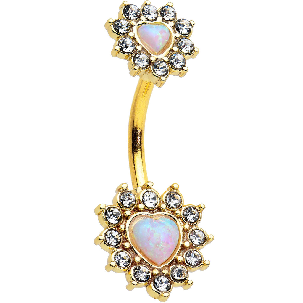 White Synthetic Opal Heart Sun Double Mount Belly Ring on white background