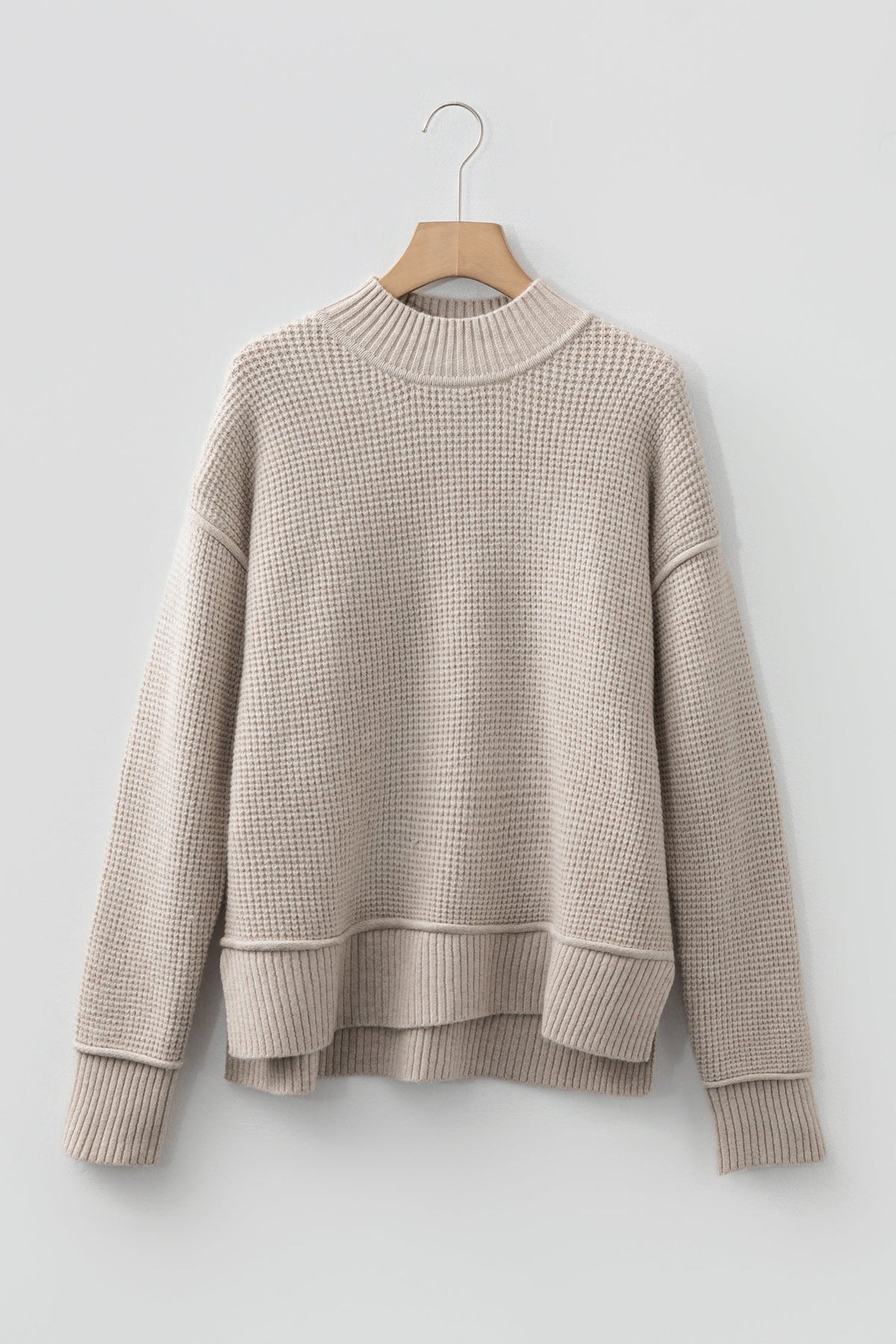 Waffle Knit Ribbed High Neck Drop Shoulder Sweater