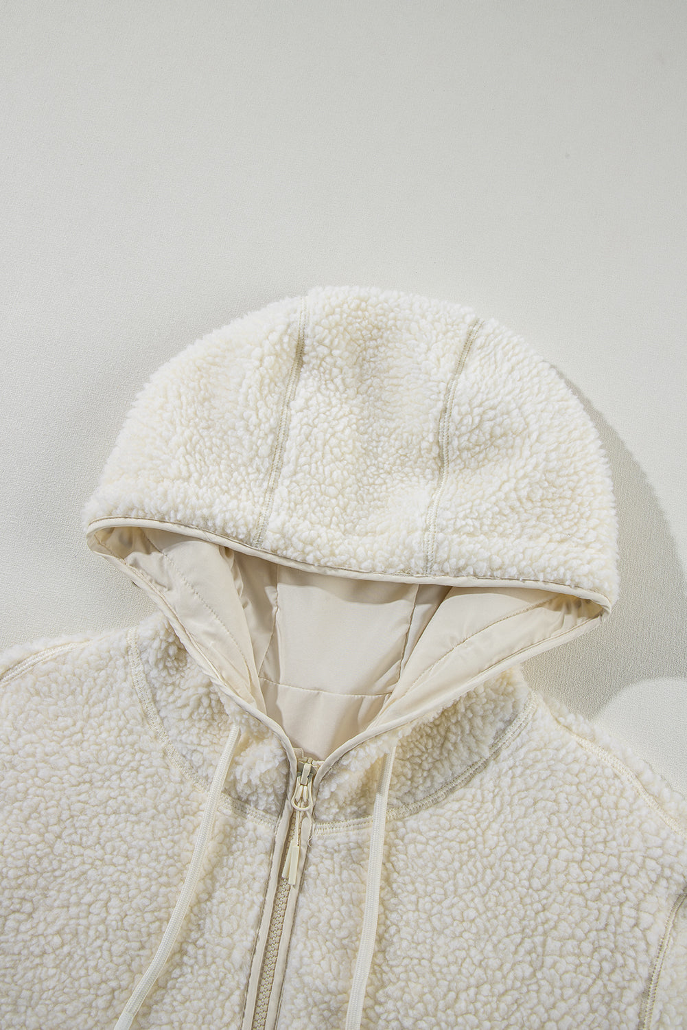 Beige Fleece Zip Up Hooded Jacket with Drawstring & Pockets