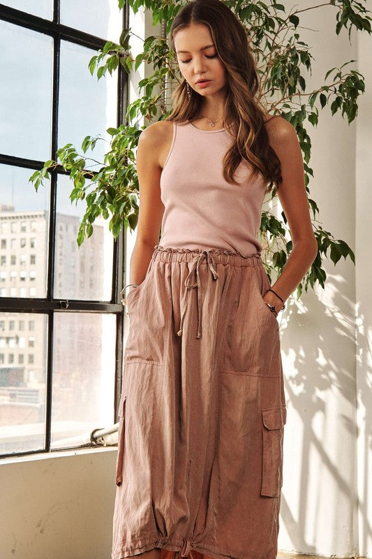 Pink drawstring sleeveless casual washed dress for women