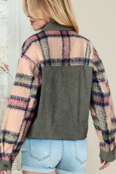Plaid Corduroy Button Up Jacket with Flap Pockets