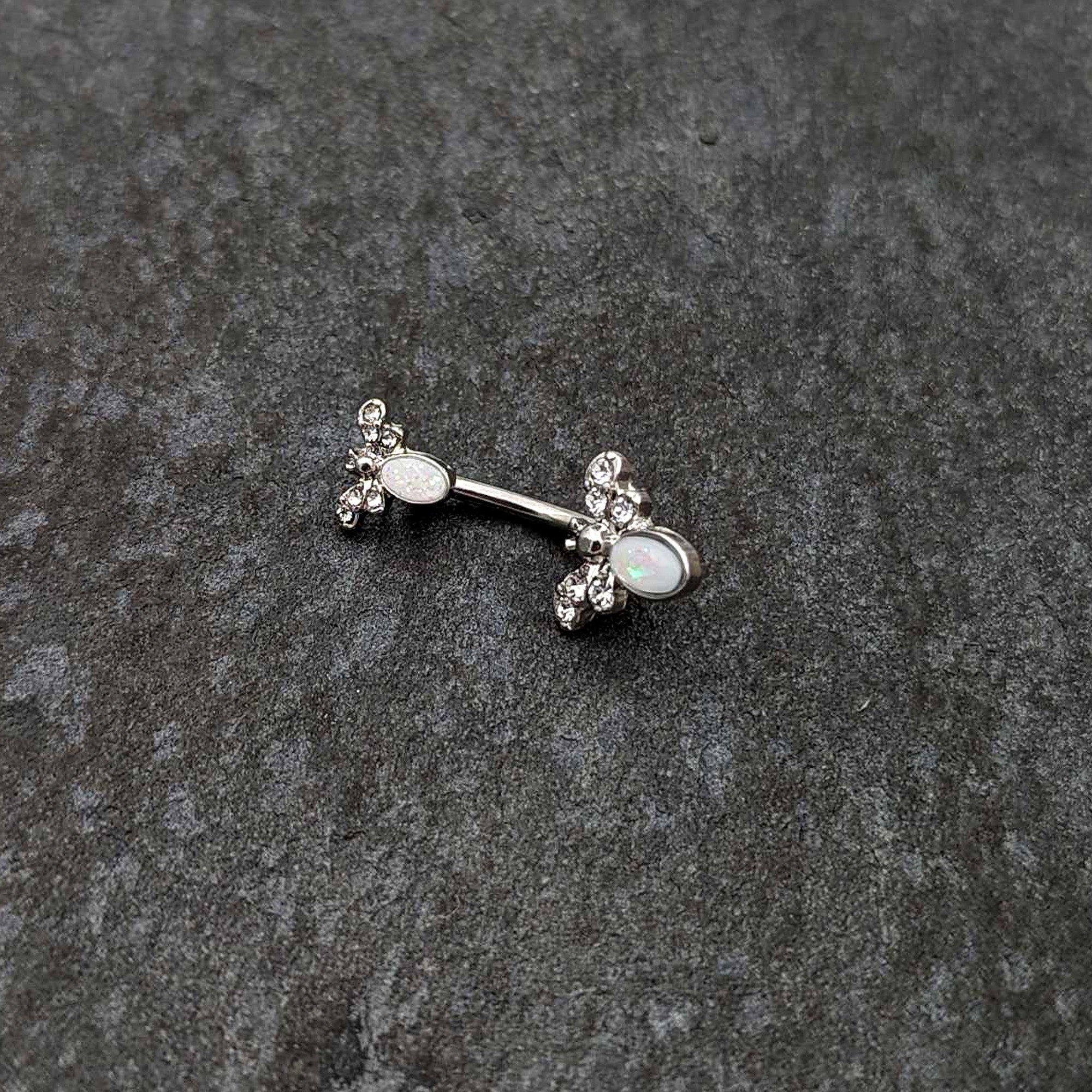 White Faux Opal Clear Gem Double Butterfly Double Mount Belly Ring
