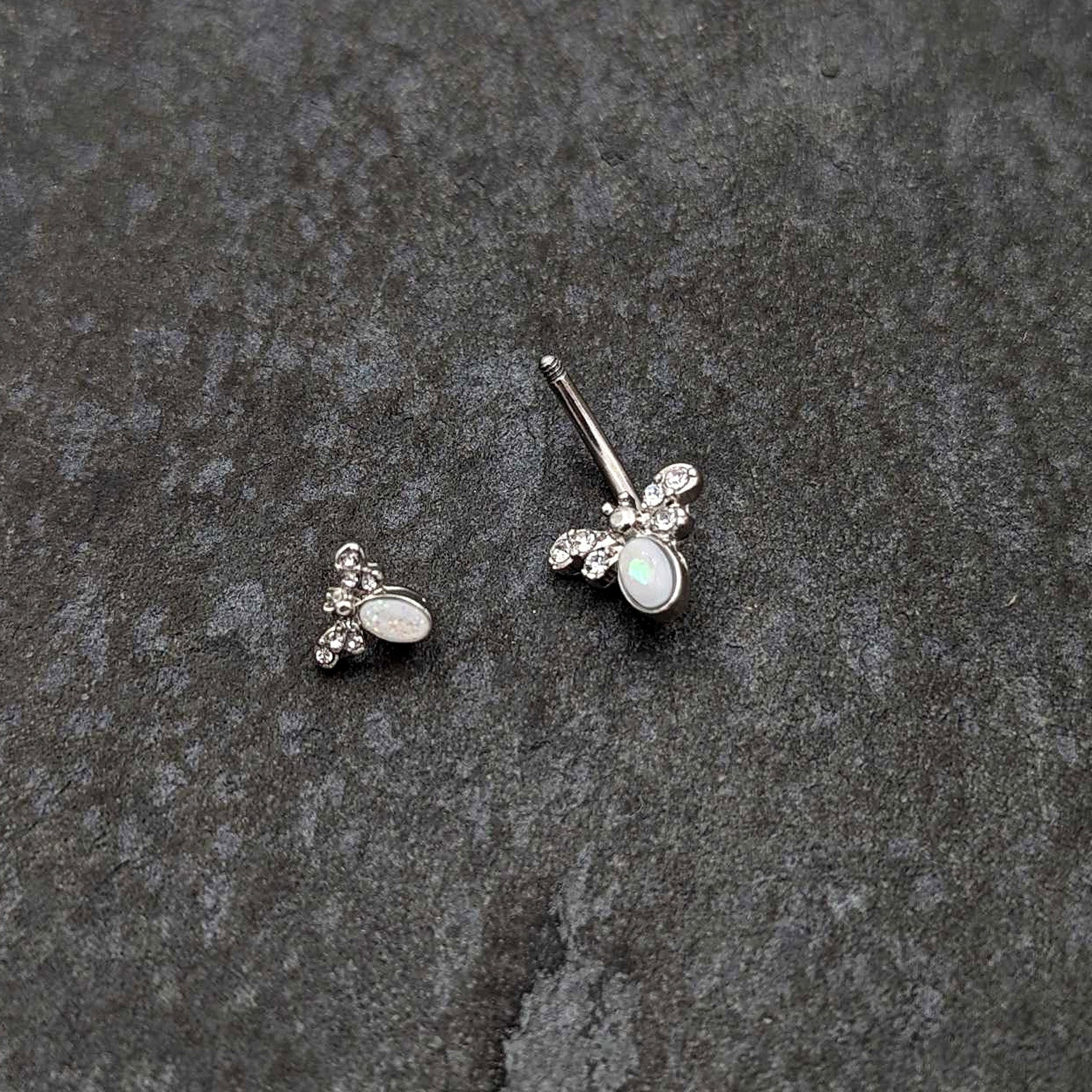 White Faux Opal Clear Gem Double Butterfly Double Mount Belly Ring