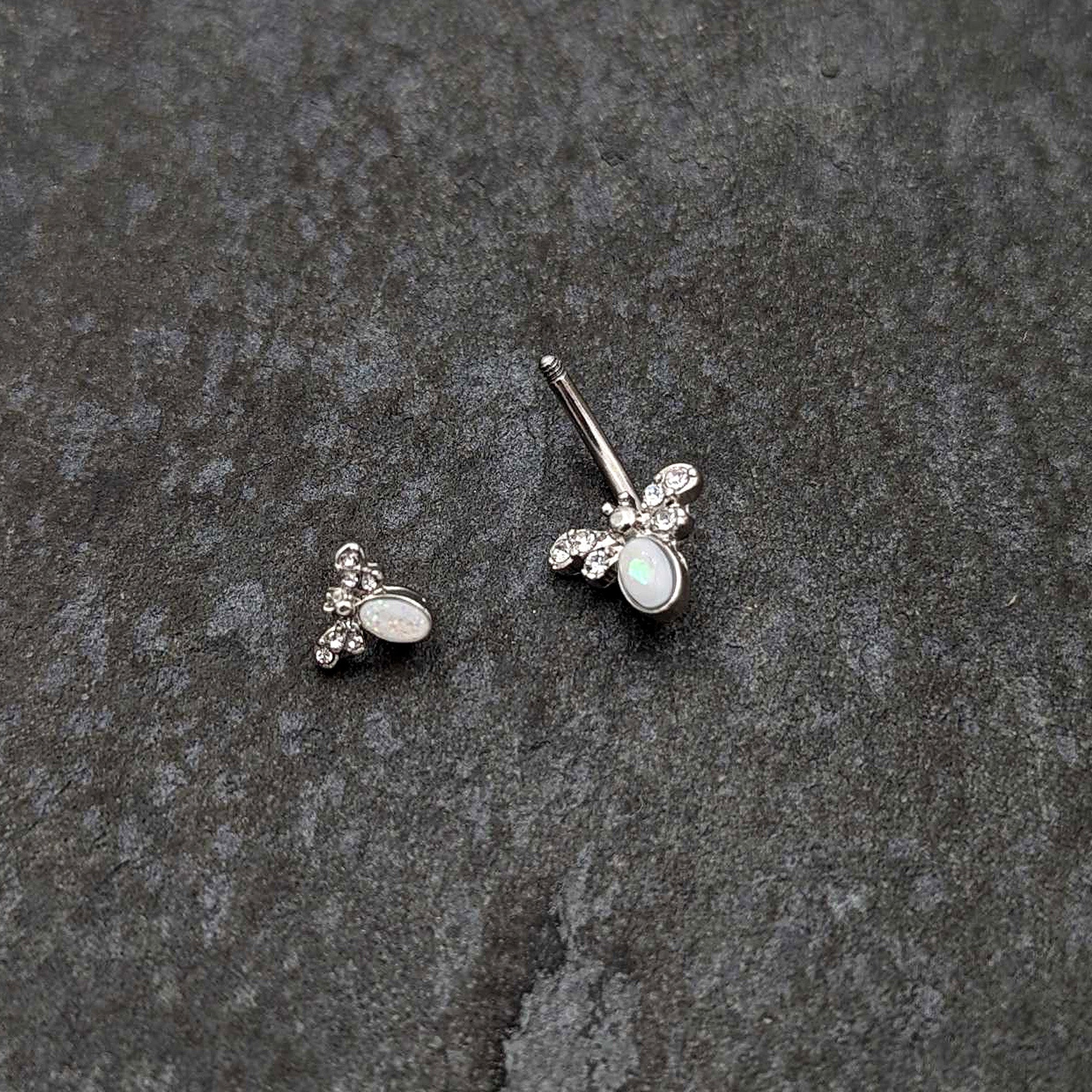 White Faux Opal Clear Gem Double Butterfly Double Mount Belly Ring