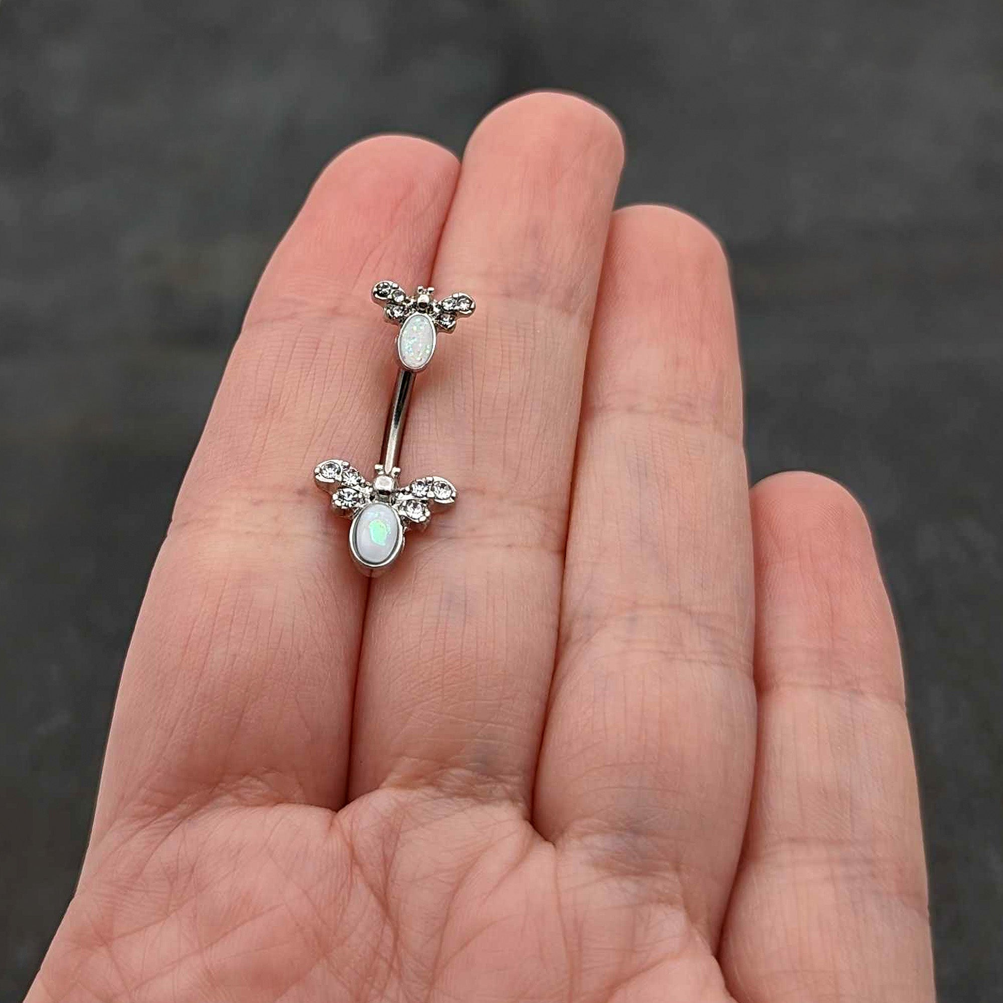 White Faux Opal Clear Gem Double Butterfly Double Mount Belly Ring