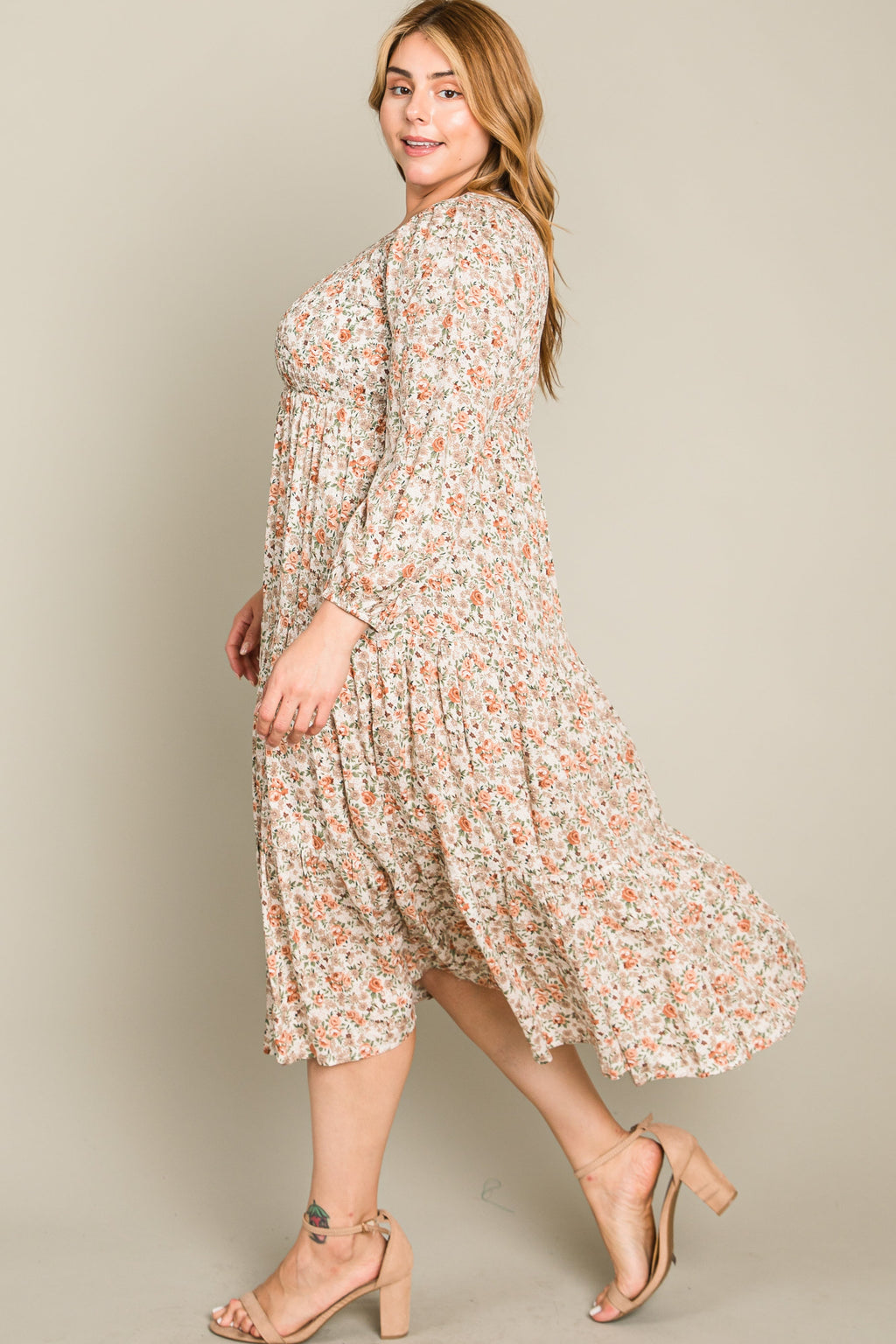 Cream Floral Smocked 3/4 Sleeve Plus Midi Dress