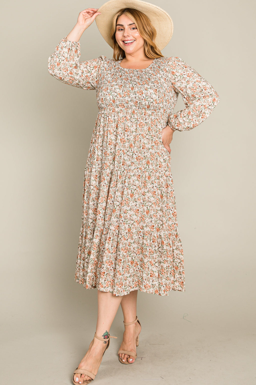 Cream Floral Smocked 3/4 Sleeve Plus Midi Dress