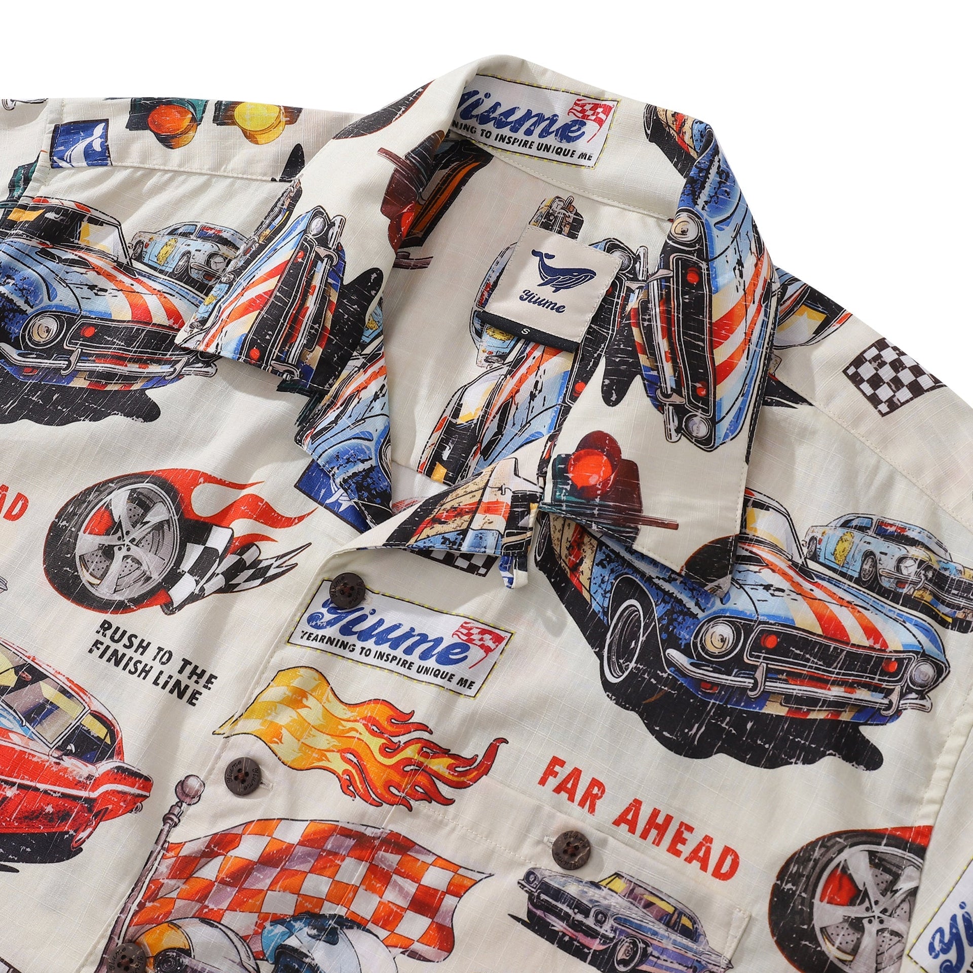 Men's Cotton Hawaiian Shirt Racing Flames Print Camp Collar