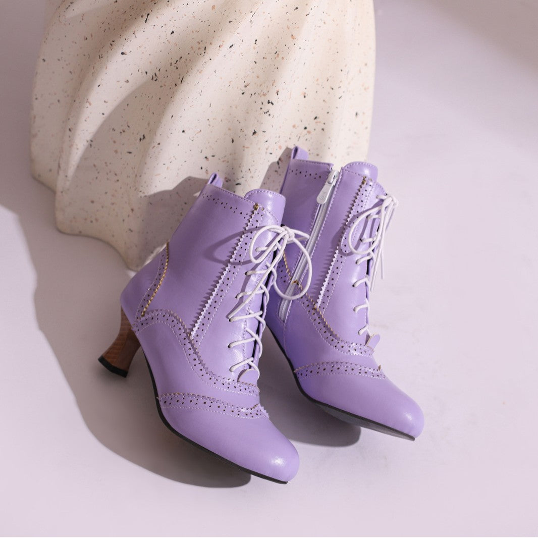 Women’s Lace-Up Brogue Ankle Boots Vintage Style Winter Heels