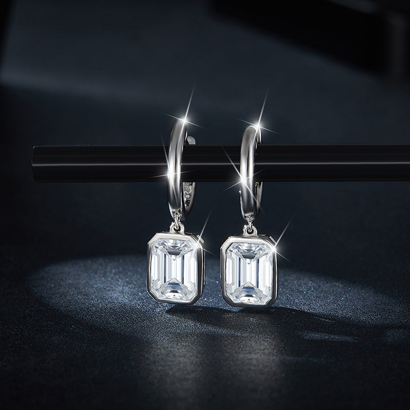S925 Sterling Silver 6x8mm Emerald Cut Moissanite Huggie Hoop Earrings