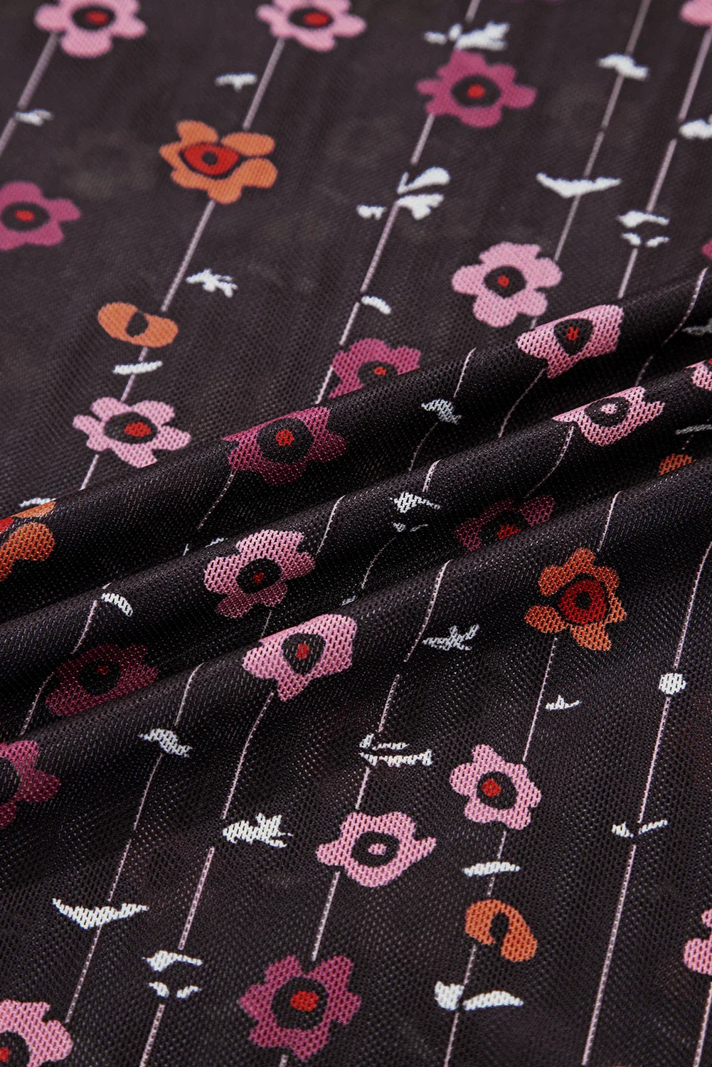 Black Floral Mesh Bodysuit with Smocked Cuffs