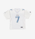 Women's Harajuku style white short sleeve digital mesh t-shirt with light blue number 7 and star print, shown on a flat lay and worn by a model outdoors.