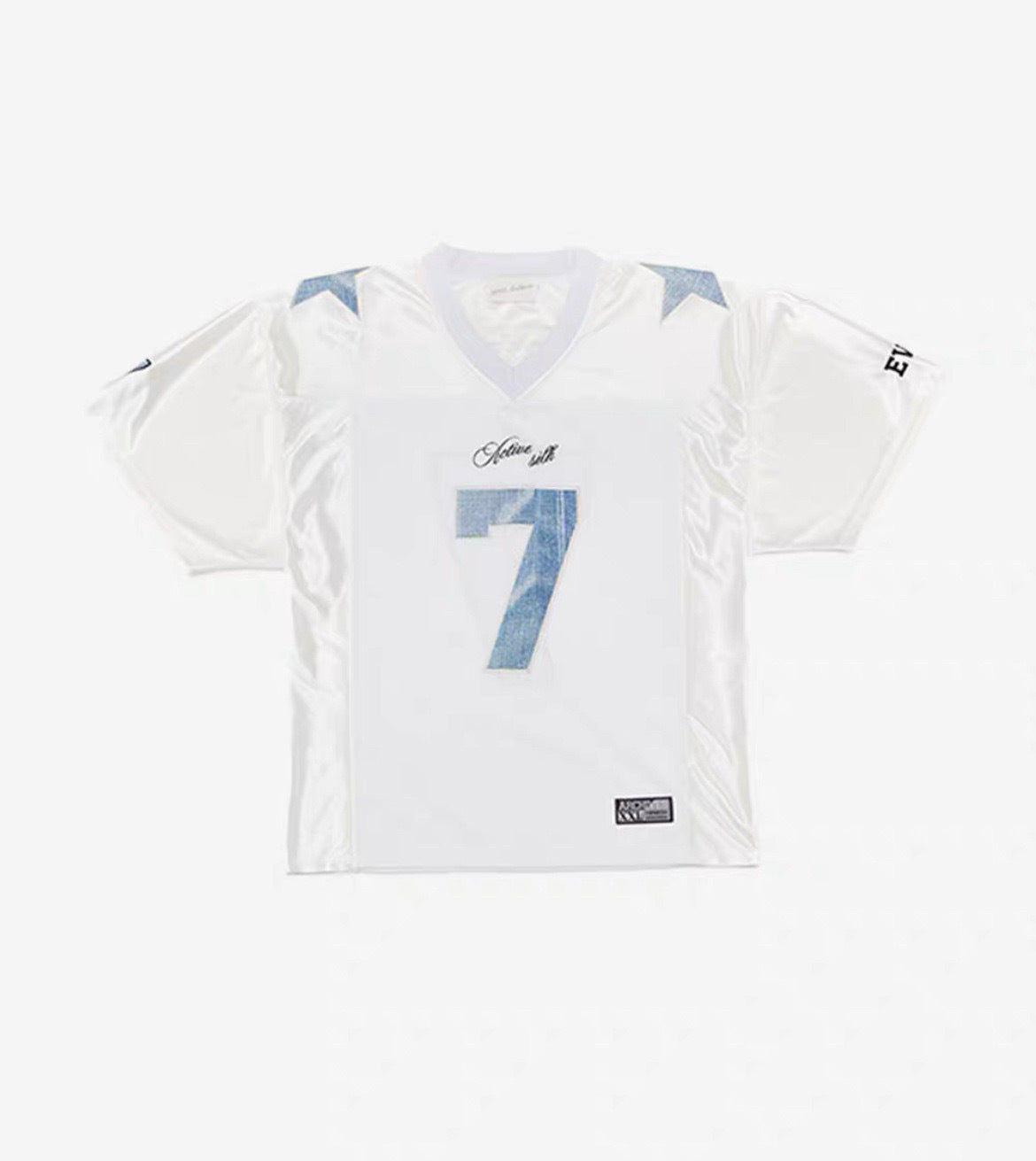 Women's Harajuku style white short sleeve digital mesh t-shirt with light blue number 7 and star print, shown on a flat lay and worn by a model outdoors.