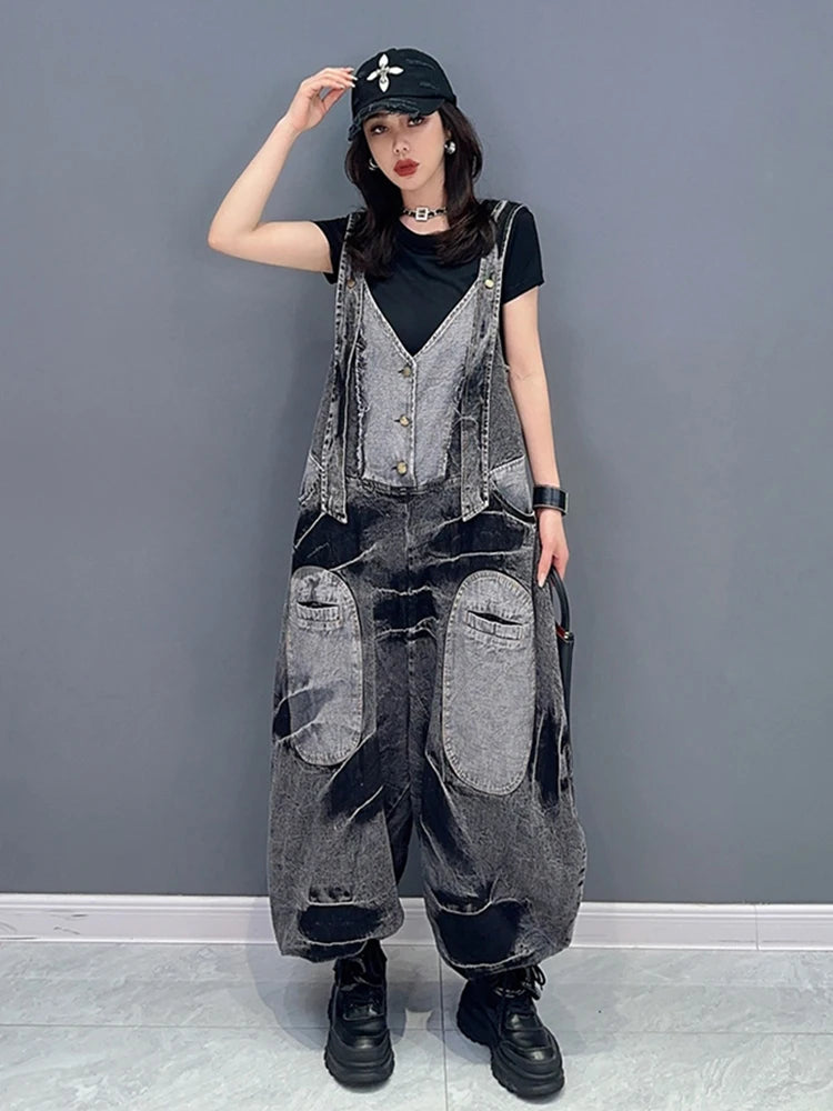 Women's Washed Black Denim Patchwork V-Neck Loose Jumpsuit - Image 2