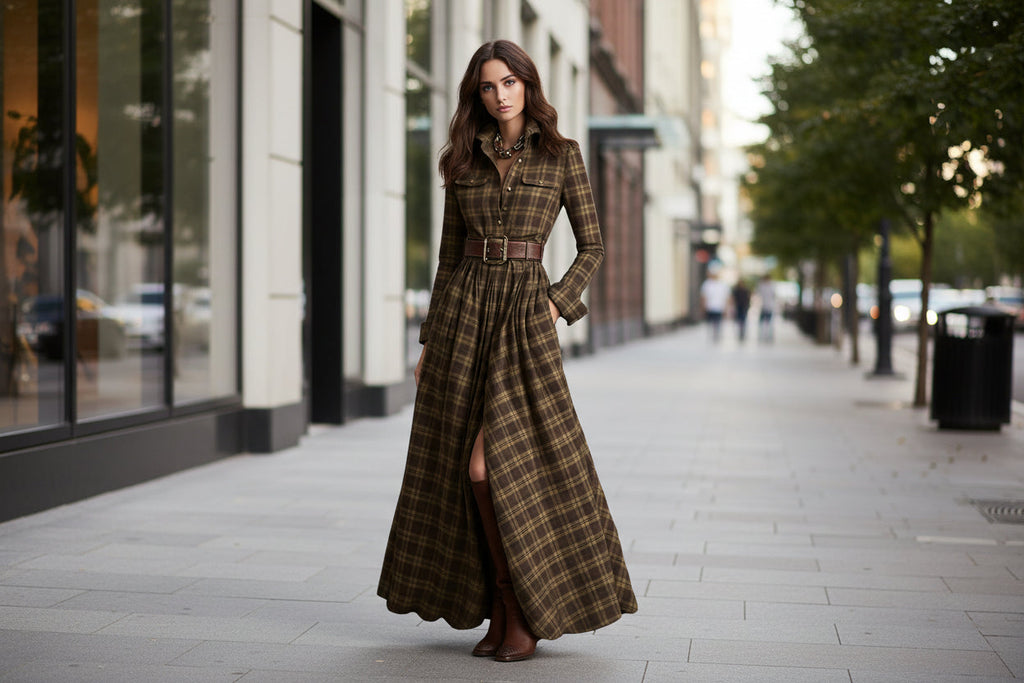 Women's Plaid Lapel Maxi Shirt Dress with Belted Waist - Image 2