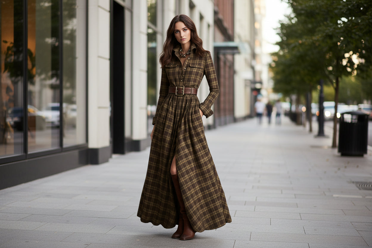 Women's Plaid Lapel Maxi Shirt Dress with Belted Waist - Image 2