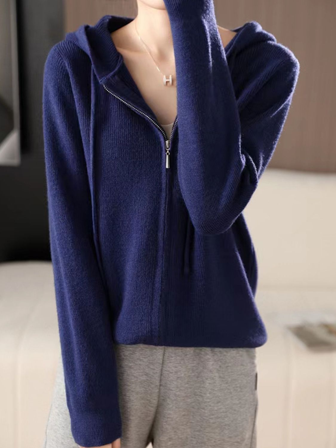 Women's Brown Long Sleeve Zip Up Knit Hoodie with Drawstring - Image 11