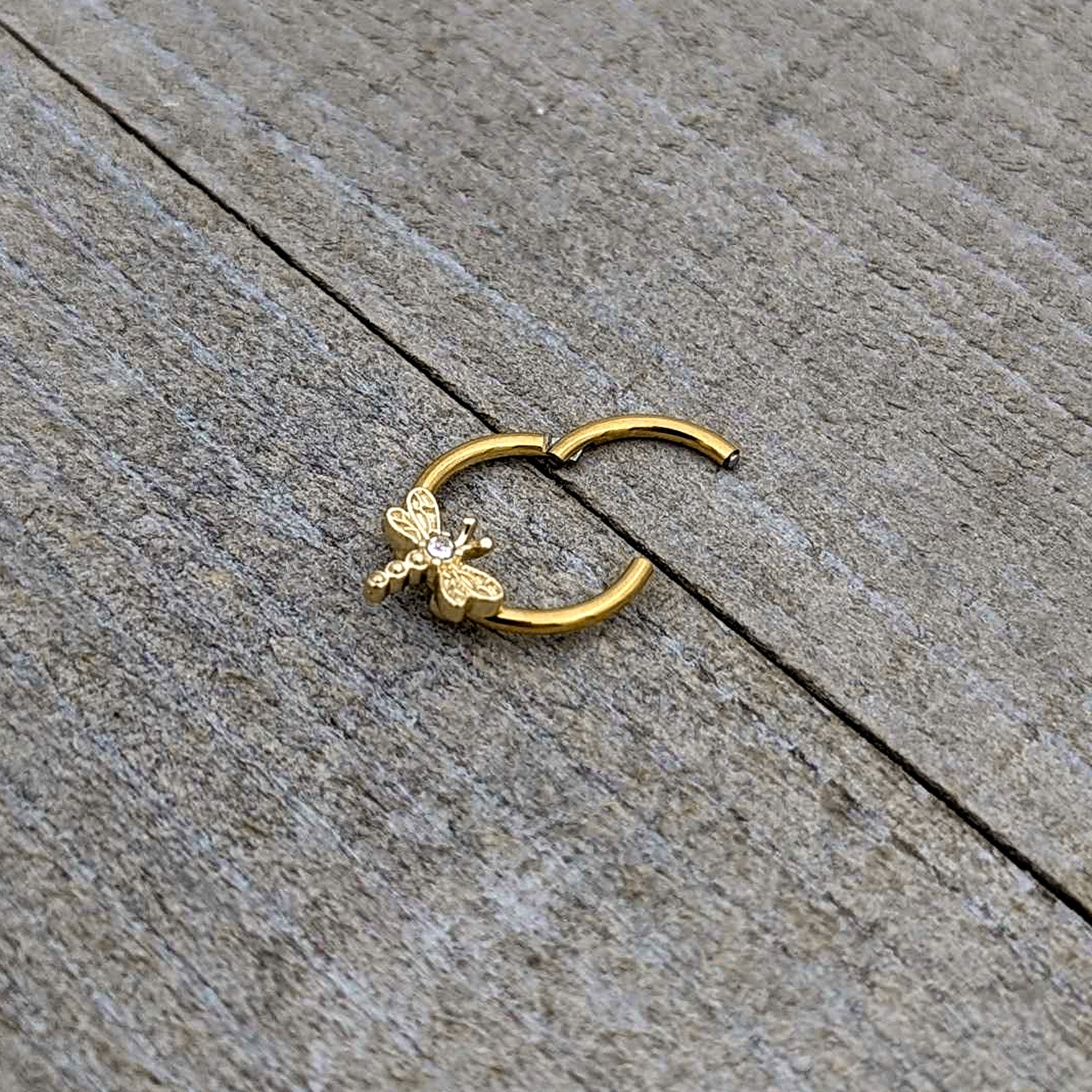 16G 3/8 Clear Gem Gold Tone Flying Dragonfly Hinged Segment Ring