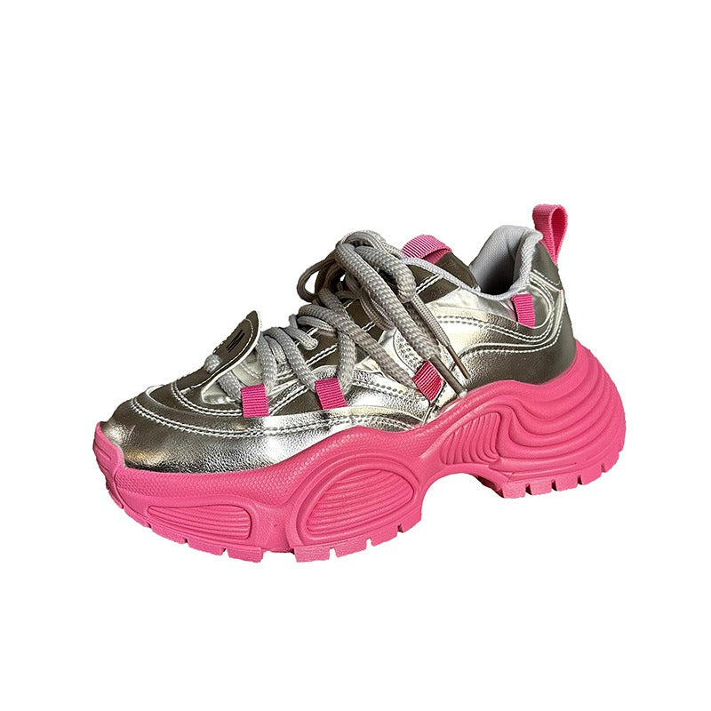 Harajuku Style Women's Chunky Platform Sneakers in Metallic Silver Pink and Black
