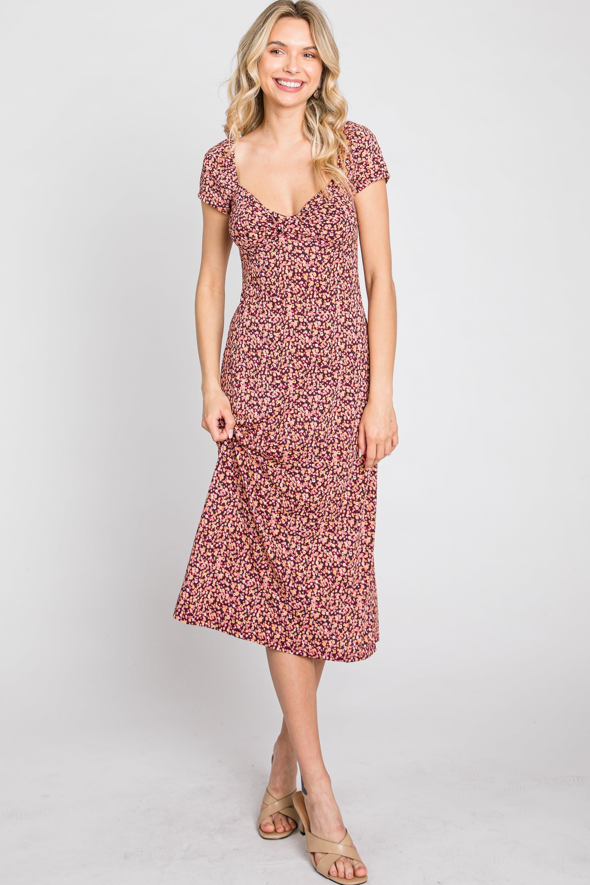 Mauve Floral Sweetheart Midi Dress