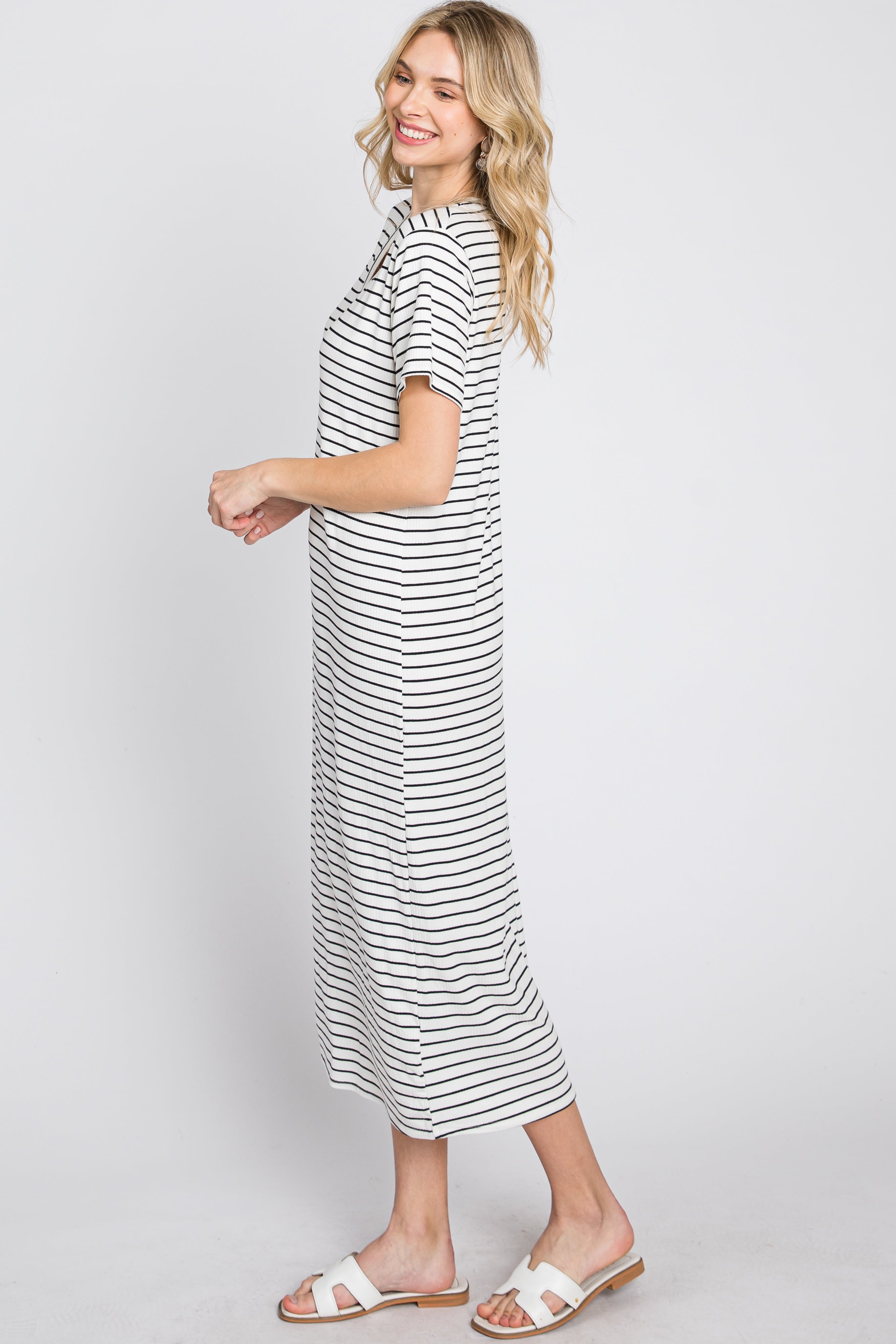 Ivory Striped Ribbed Midi Dress