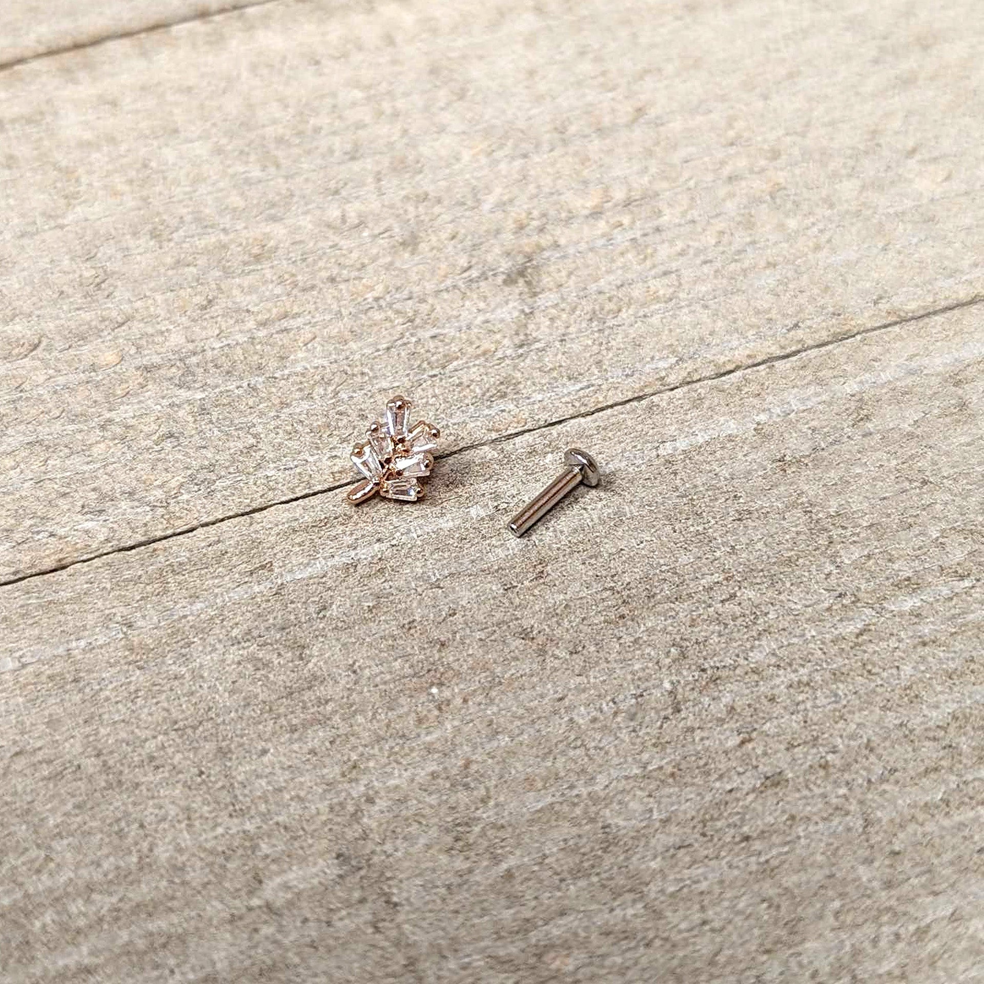 16G 1/4 Clear CZ Gem Leafy Rosy Branch Threadless Labret Tragus