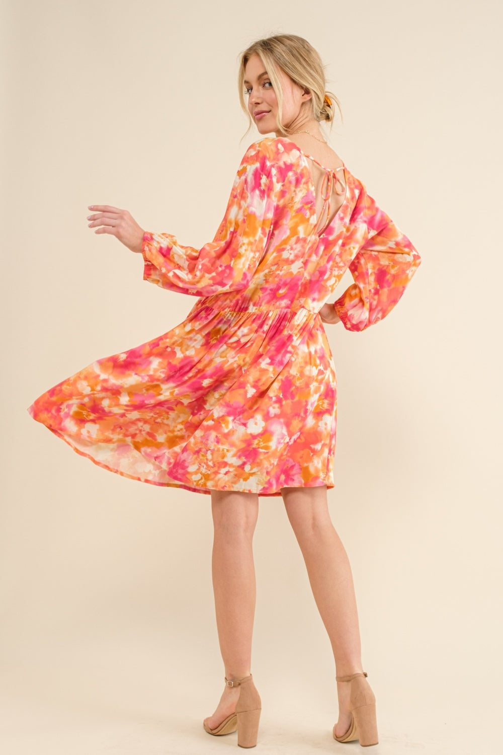 Floral Tie-Back Long Sleeve Summer Dress in Pink and Orange