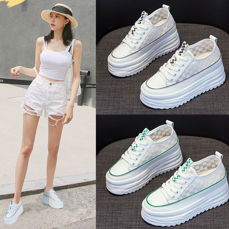 Harajuku Style Fashion white thick-soled platform sneakers with green and black checkerboard details