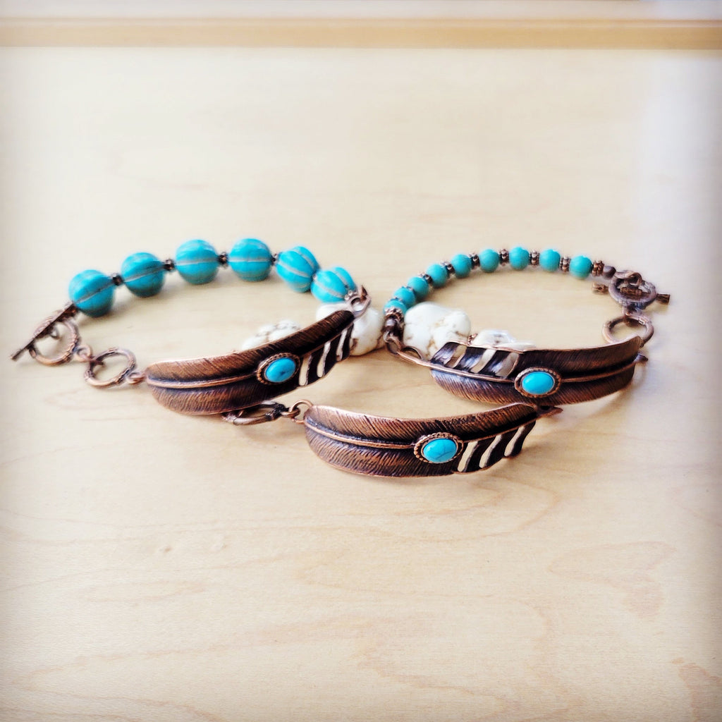 Turquoise Beaded Bracelet with Copper Feather