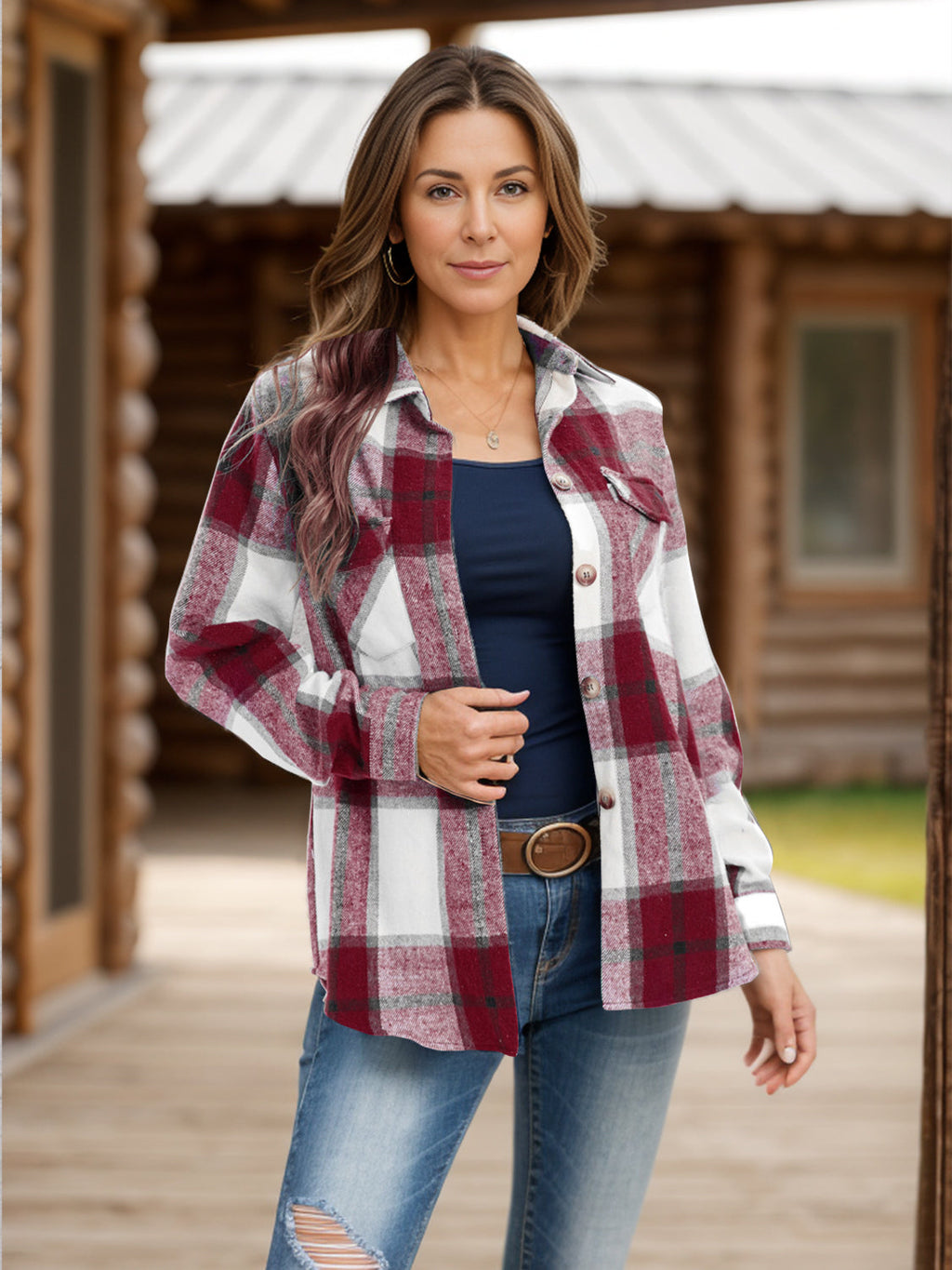 Women's Plaid Shacket with Collar and Chest Pockets - Image 8